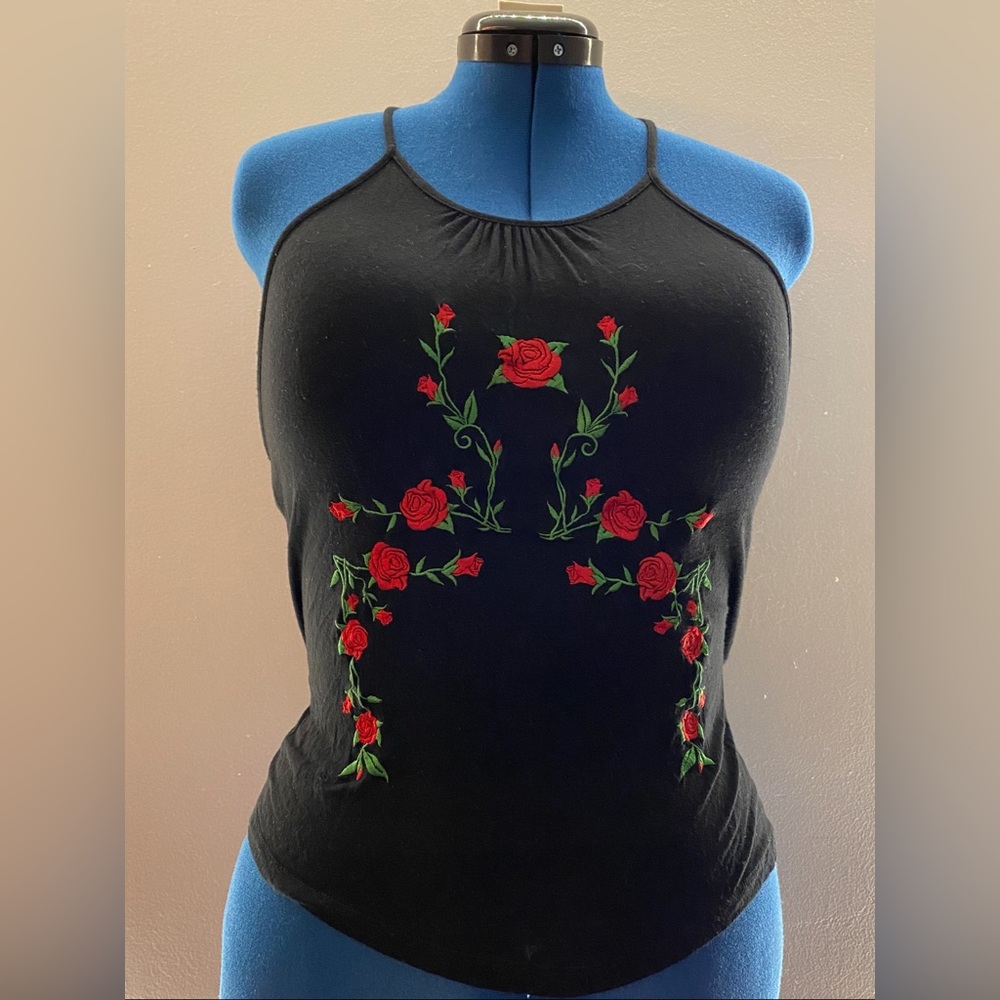 Black tank top with rose embroidery